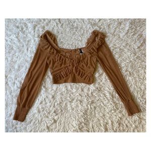 Brown Ruffle Long Sleeve Crop Blouse